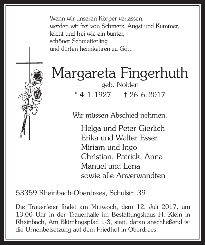  Traueranzeige für Margareta Fingerhuth vom 05.07.2017 aus  Schaufenster/Blickpunkt 
