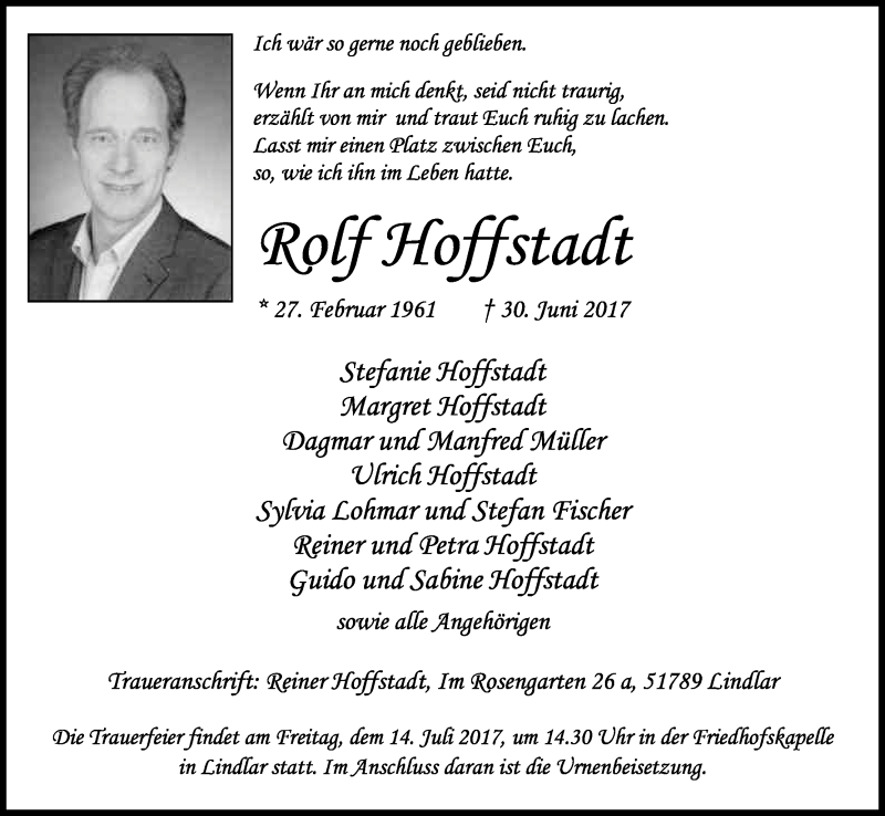  Traueranzeige für Rolf Hoffstadt vom 08.07.2017 aus Kölner Stadt-Anzeiger / Kölnische Rundschau / Express