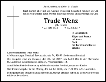 Anzeige von Trude Wenz von Kölner Stadt-Anzeiger / Kölnische Rundschau / Express