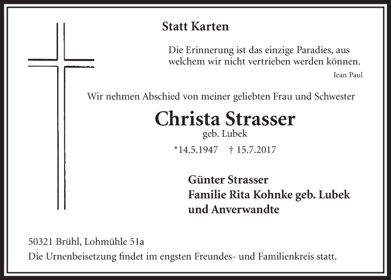  Traueranzeige für Christa Strasser vom 19.07.2017 aus  Schlossbote/Werbekurier 