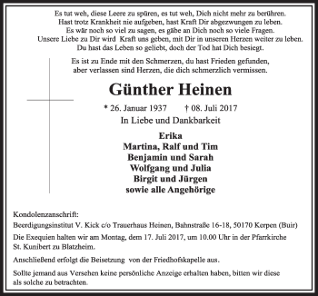 Anzeige von Günther Heinen von  Sonntags-Post 