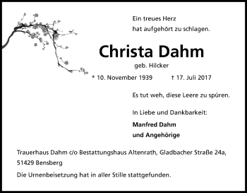 Anzeige von Christa Dahm von Kölner Stadt-Anzeiger / Kölnische Rundschau / Express