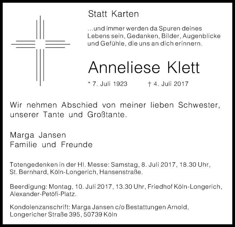  Traueranzeige für Anneliese Klett vom 08.07.2017 aus Kölner Stadt-Anzeiger / Kölnische Rundschau / Express