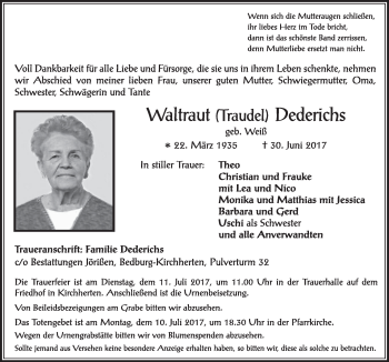 Anzeige von Waltraut Dederichs von  Sonntags-Post 