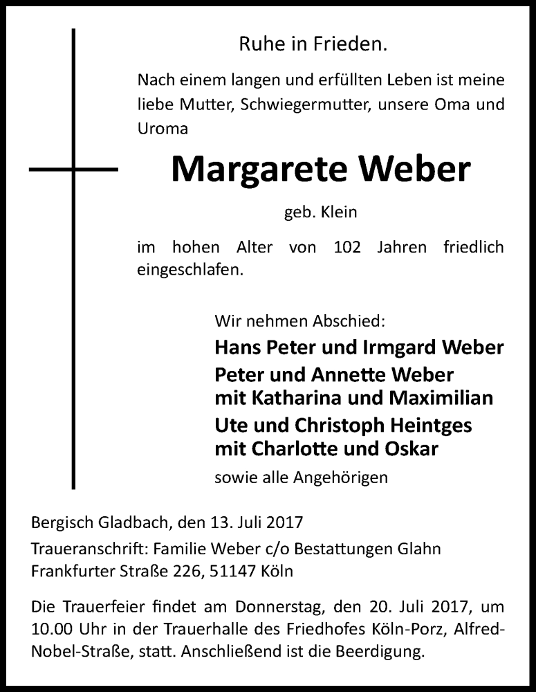  Traueranzeige für Margarete Weber vom 19.07.2017 aus Kölner Stadt-Anzeiger / Kölnische Rundschau / Express