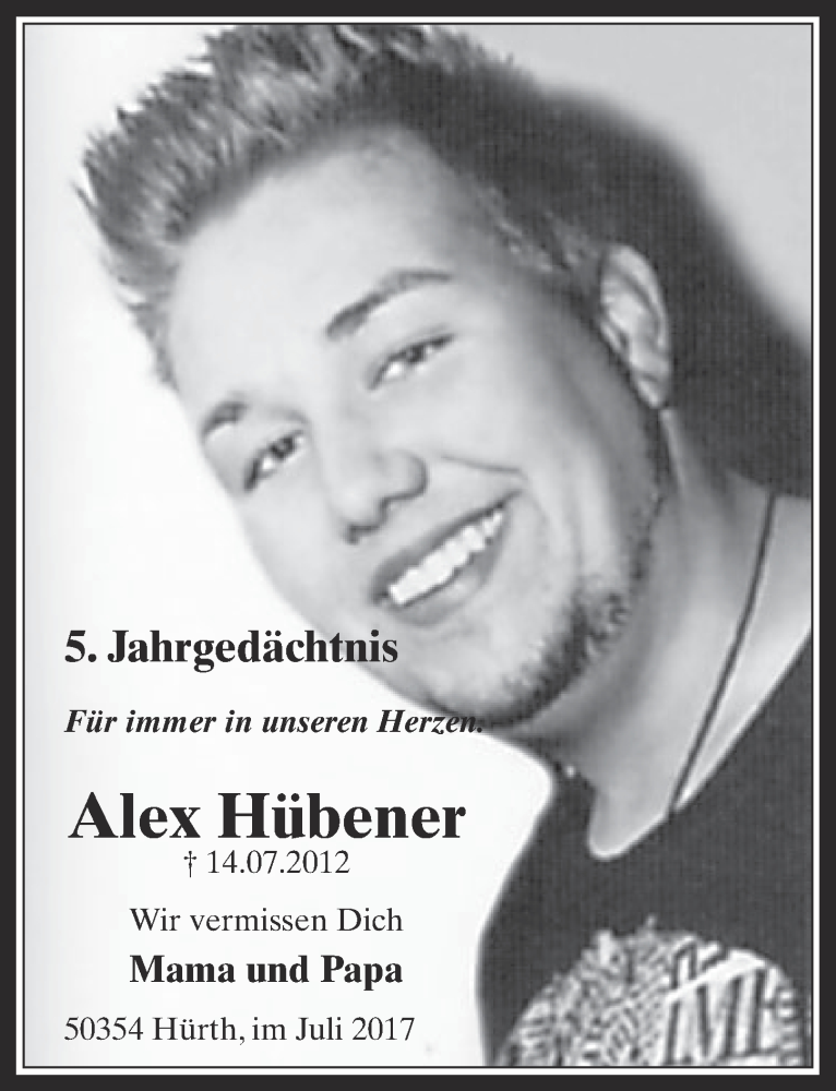  Traueranzeige für Alex Hübener vom 18.07.2023 aus  Wochenende 
