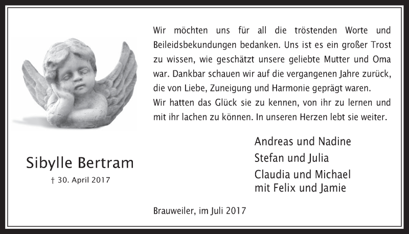  Traueranzeige für Sibylle Bertram vom 12.07.2017 aus  Wochenende 