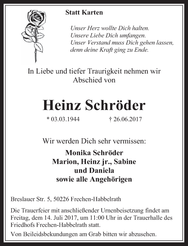  Traueranzeige für Heinz Schröder vom 08.07.2017 aus  Wochenende 