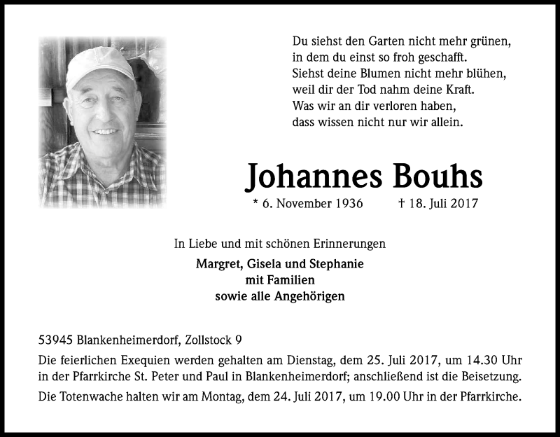  Traueranzeige für Johannes Bouhs vom 20.07.2017 aus Kölner Stadt-Anzeiger / Kölnische Rundschau / Express
