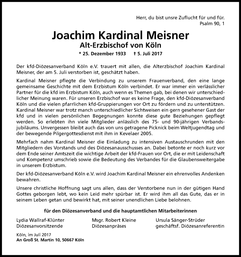  Traueranzeige für Joachim Kardinal Meisner vom 12.07.2017 aus Kölner Stadt-Anzeiger / Kölnische Rundschau / Express