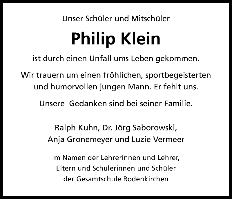  Traueranzeige für Philip Klein vom 19.07.2017 aus Kölner Stadt-Anzeiger / Kölnische Rundschau / Express