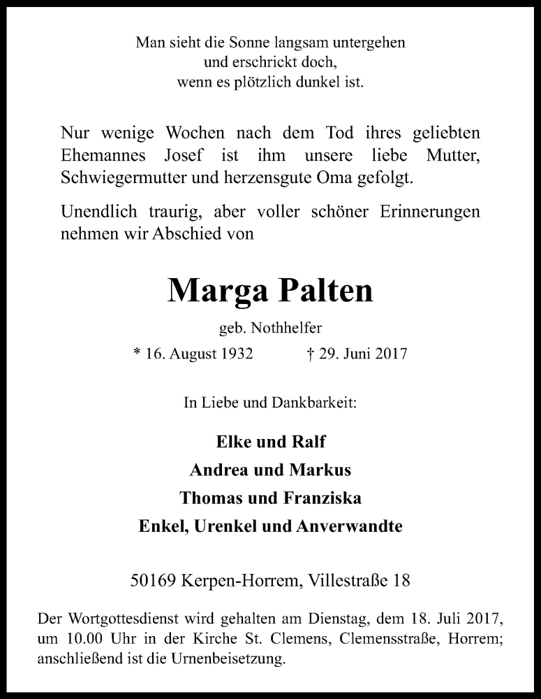  Traueranzeige für Marga Palten vom 12.07.2017 aus Kölner Stadt-Anzeiger / Kölnische Rundschau / Express
