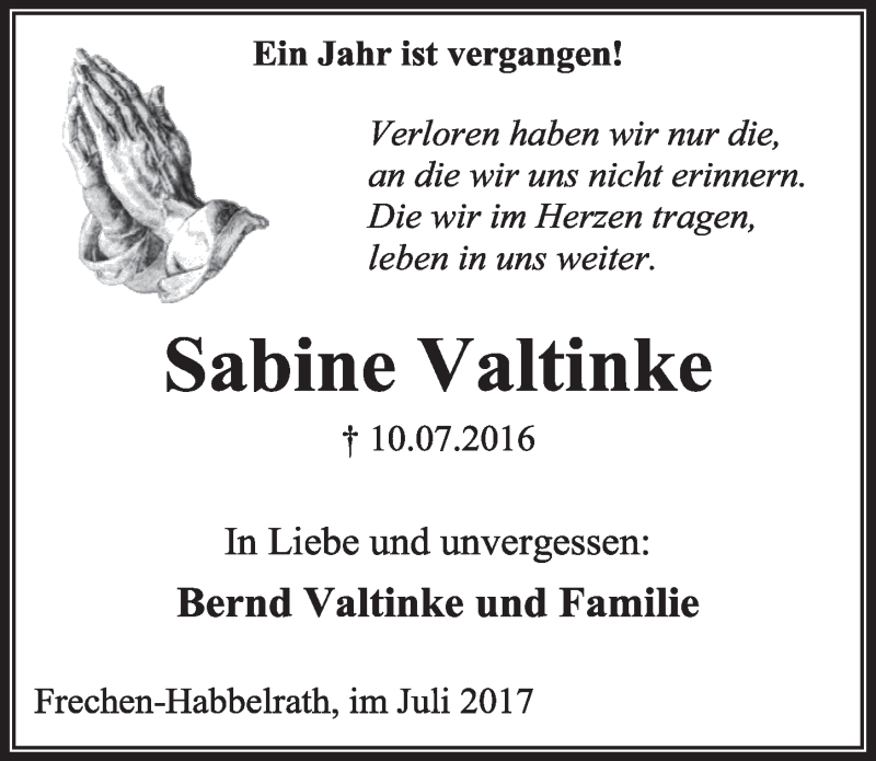  Traueranzeige für Sabine Valtinke vom 08.07.2017 aus  Sonntags-Post 