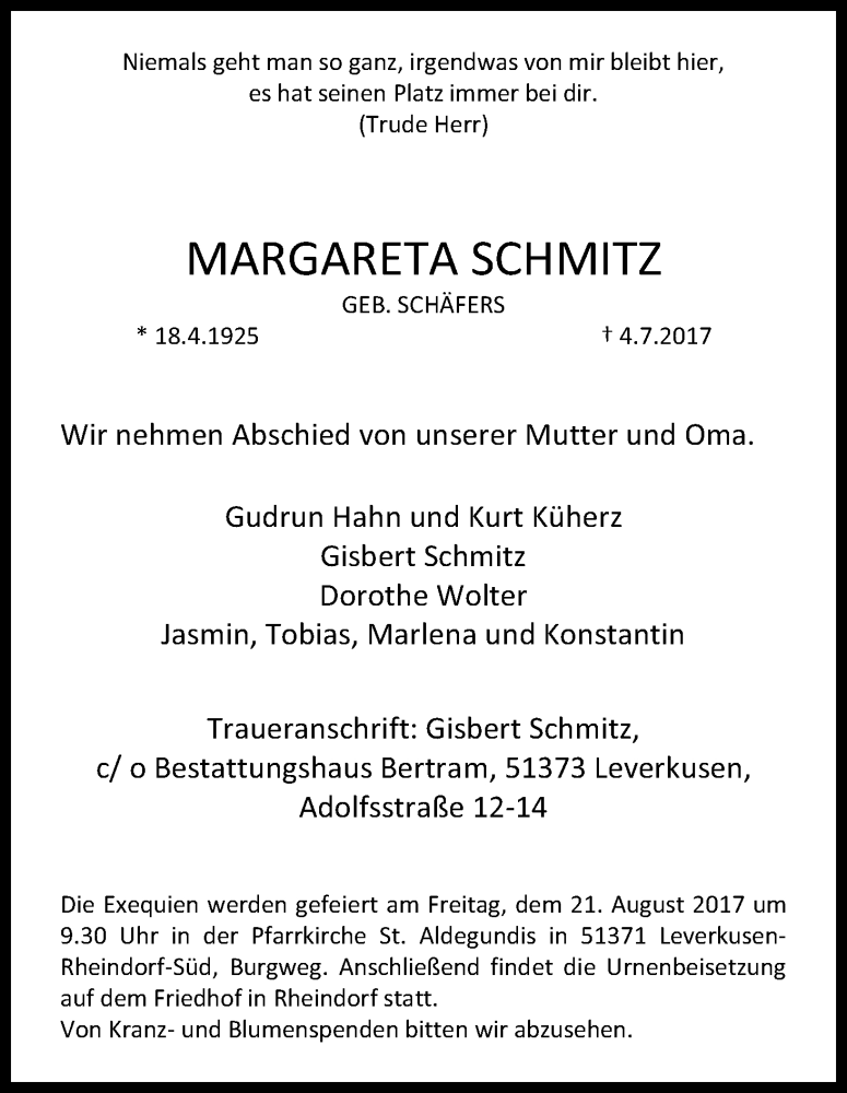  Traueranzeige für Margareta Schmitz vom 15.07.2017 aus Kölner Stadt-Anzeiger / Kölnische Rundschau / Express