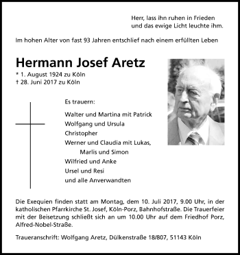 Anzeige von Hermann Josef Aretz von Kölner Stadt-Anzeiger / Kölnische Rundschau / Express