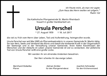 Anzeige von Ursula Perschel von Kölner Stadt-Anzeiger / Kölnische Rundschau / Express