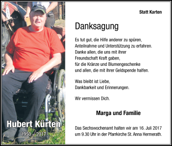 Anzeige von Hubert Kürten von Kölner Stadt-Anzeiger / Kölnische Rundschau / Express