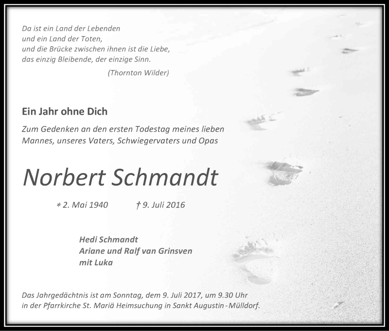  Traueranzeige für Norbert Schmandt vom 08.07.2017 aus Kölner Stadt-Anzeiger / Kölnische Rundschau / Express