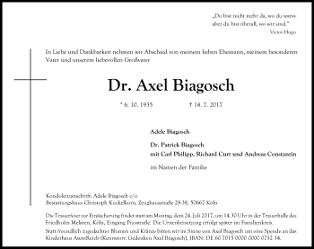 Anzeige von Axel Biagosch von Kölner Stadt-Anzeiger / Kölnische Rundschau / Express