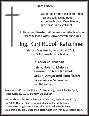 Anzeige von Kurt Rudolf Katschner von  Sonntags-Post 