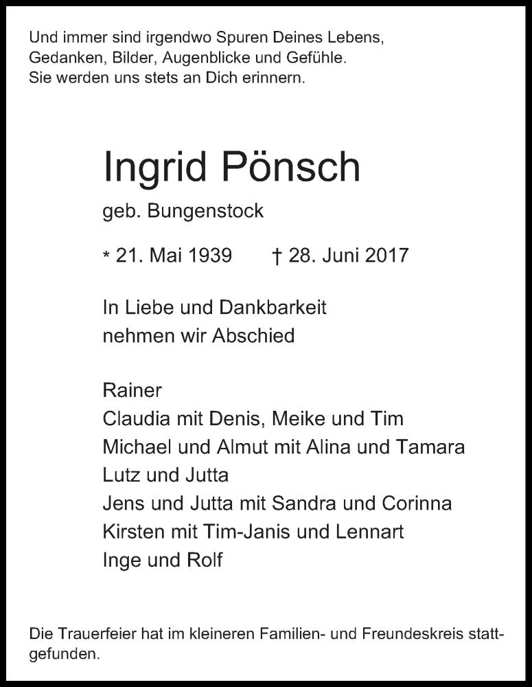  Traueranzeige für Ingrid Pönsch vom 15.07.2017 aus Kölner Stadt-Anzeiger / Kölnische Rundschau / Express