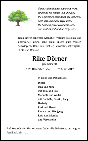 Anzeige von Rike Dörner von Kölner Stadt-Anzeiger / Kölnische Rundschau / Express