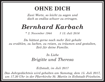Anzeige von Bernhard Karbach von  Werbepost 