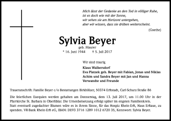 Anzeige von Sylvia Beyer von Kölner Stadt-Anzeiger / Kölnische Rundschau / Express