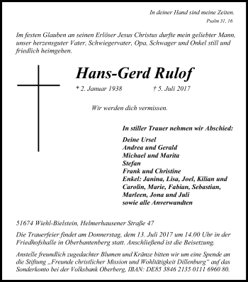 Anzeige von Hans-Gerd Rulof von Kölner Stadt-Anzeiger / Kölnische Rundschau / Express