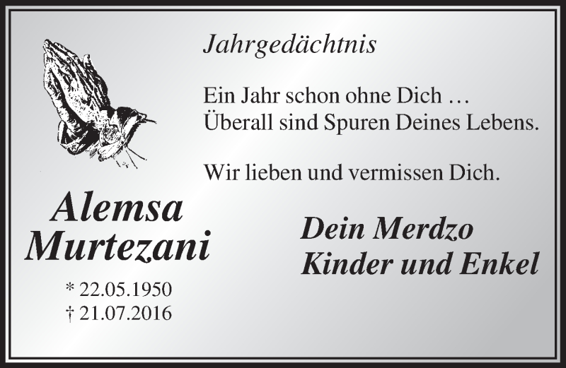  Traueranzeige für Alemsa Murtezani vom 19.07.2017 aus  Lokalanzeiger 