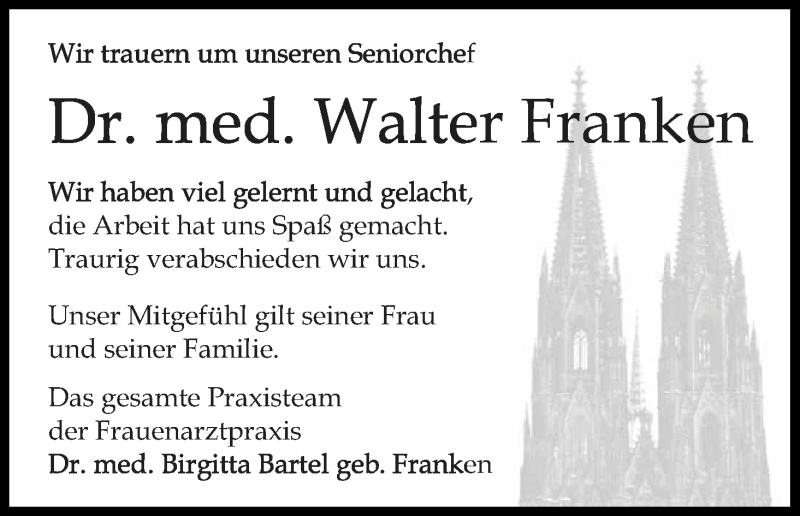  Traueranzeige für Walter Franken vom 05.07.2017 aus Kölner Stadt-Anzeiger / Kölnische Rundschau / Express