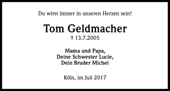 Anzeige von Tom Geldmacher von Kölner Stadt-Anzeiger / Kölnische Rundschau / Express