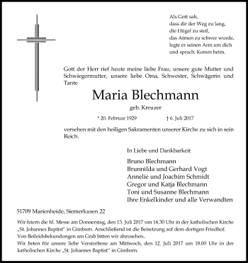 Anzeige von Maria Blechmann von Kölner Stadt-Anzeiger / Kölnische Rundschau / Express