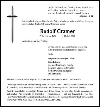 Anzeige von Rudolf Cramer von Kölner Stadt-Anzeiger / Kölnische Rundschau / Express
