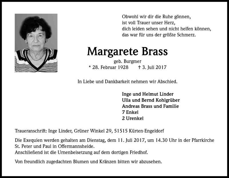  Traueranzeige für Margareta Braß vom 08.07.2017 aus Kölner Stadt-Anzeiger / Kölnische Rundschau / Express