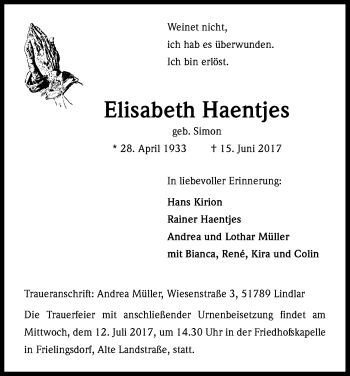 Anzeige von Elisabeth Haentjes von Kölner Stadt-Anzeiger / Kölnische Rundschau / Express