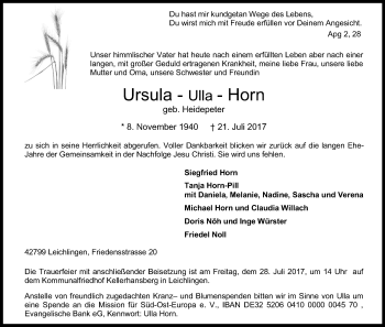 Anzeige von Ursula Horn von Kölner Stadt-Anzeiger / Kölnische Rundschau / Express