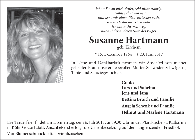  Traueranzeige für Susanne Hartmann vom 05.07.2017 aus  Kölner Wochenspiegel 