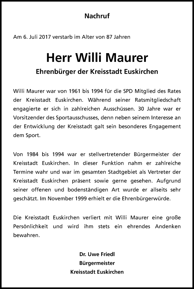  Traueranzeige für Willi Maurer vom 12.07.2017 aus Kölner Stadt-Anzeiger / Kölnische Rundschau / Express