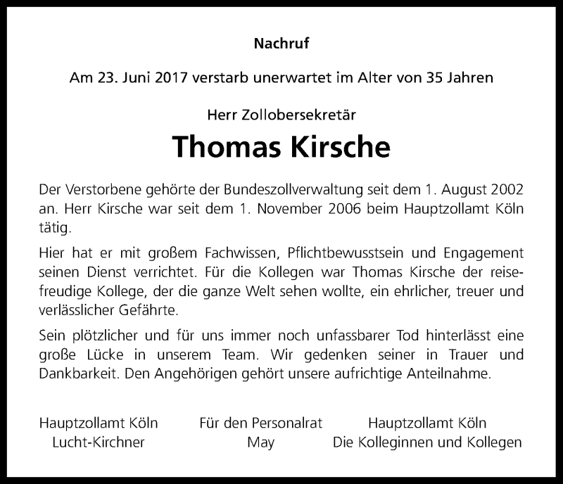  Traueranzeige für Thomas Kirsche vom 08.07.2017 aus Kölner Stadt-Anzeiger / Kölnische Rundschau / Express