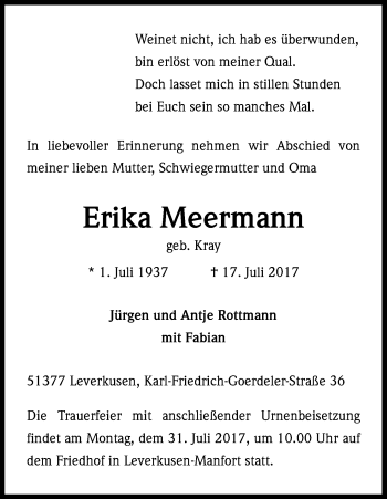 Anzeige von Erika Meermann von Kölner Stadt-Anzeiger / Kölnische Rundschau / Express