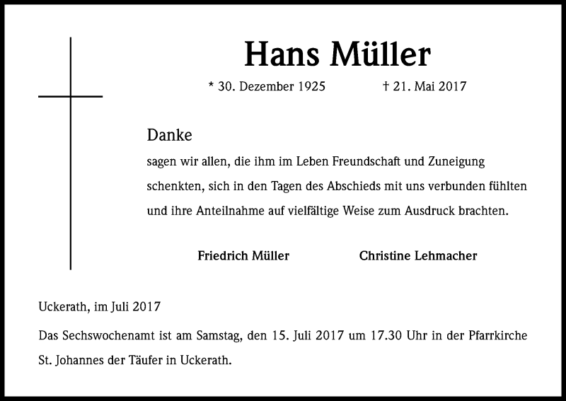  Traueranzeige für Hans Müller vom 08.07.2017 aus Kölner Stadt-Anzeiger / Kölnische Rundschau / Express