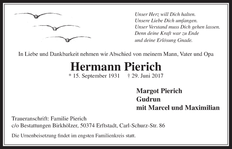  Traueranzeige für Hermann Pierich vom 19.07.2017 aus  Werbepost 