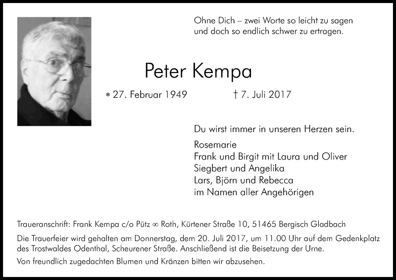  Traueranzeige für Peter Kempa vom 15.07.2017 aus Kölner Stadt-Anzeiger / Kölnische Rundschau / Express