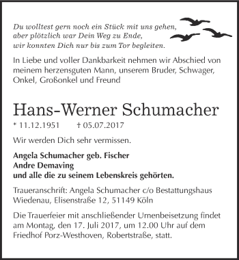 Anzeige von Hans-Werner Schumacher von  Kölner Wochenspiegel 