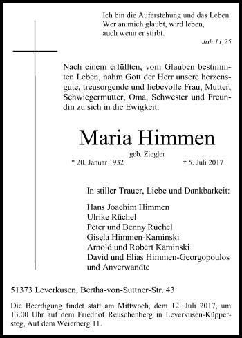Anzeige von Maria Himmen von Kölner Stadt-Anzeiger / Kölnische Rundschau / Express