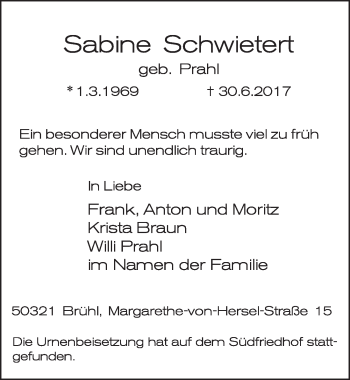 Anzeige von Sabine Schwietert von  Schlossbote/Werbekurier 
