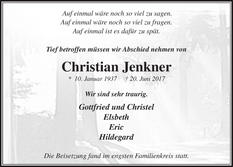  Traueranzeige für Christian Jenkner vom 19.07.2017 aus  Extra Blatt 