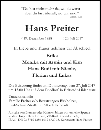 Anzeige von Hans Preiter von Kölner Stadt-Anzeiger / Kölnische Rundschau / Express