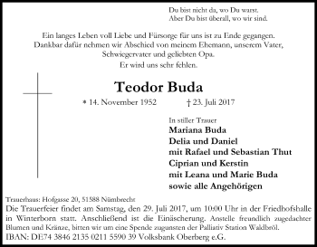 Anzeige von Teodor Buda von Kölner Stadt-Anzeiger / Kölnische Rundschau / Express